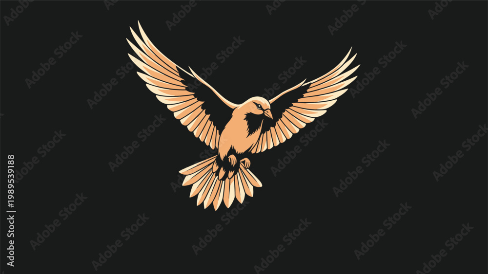 Fototapeta premium Powerful illustration of a bird in flight with wide spread wings in warm peach tones highlighted against a solid black background.