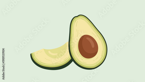 Simple illustration of a fresh ripe avocado cut in half to reveal its large seed and light green flesh on a pale background.