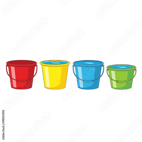 Four Colorful Buckets Lined Up On White Background