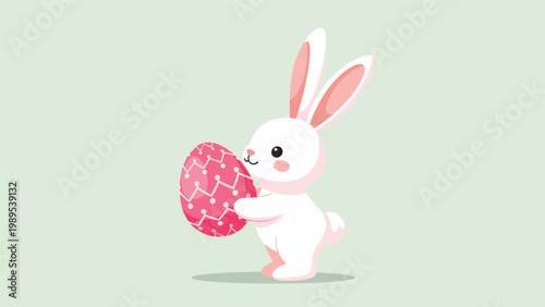 Cute white easter bunny with pink ears holding a large decorated pink egg featuring zigzag patterns on a soft green background.