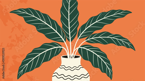 Stylized illustration of a lush green houseplant with long ribbed leaves in a decorative white ceramic vase on a vibrant orange backdrop.