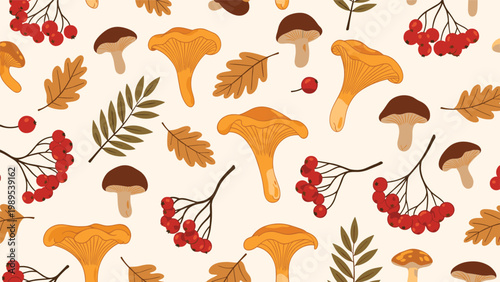 Cozy autumn pattern featuring chanterelle and brown mushrooms mixed with red berries and scattered fallen leaves on a cream background.