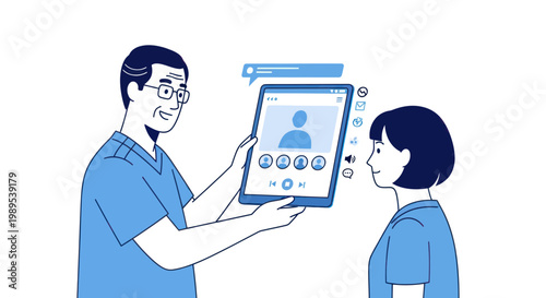 Man showing tablet with video call to woman, online communication concept