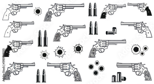 Revolver Collection: Guns, Bullets, and Bullet Holes - Vector Illustration