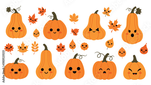 Large collection of cute autumn themed pumpkin characters and fallen leaves with various happy facial expressions on white.