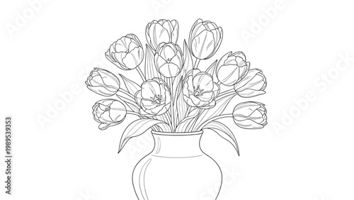 Delicate black and white line art illustration of a large bouquet of tulips in a ceramic vase against a white background.