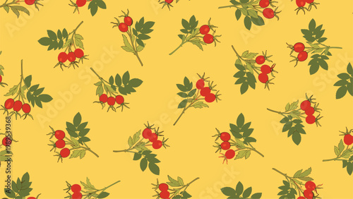 Cheerful seamless pattern featuring clusters of red rosehips with green leaves scattered on a bright yellow background.