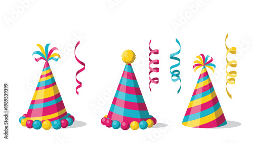 Collection of colorful festive party hats with stripes and pom poms along with various spiraling paper streamers on white.