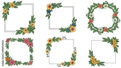 Set of six floral frames features various circular and square borders decorated with colorful spring flowers and green leaves for invitations.