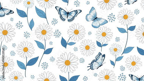 Seamless decorative pattern features bright white daisies with yellow centers and light blue butterflies fluttering among small blue blossoms.