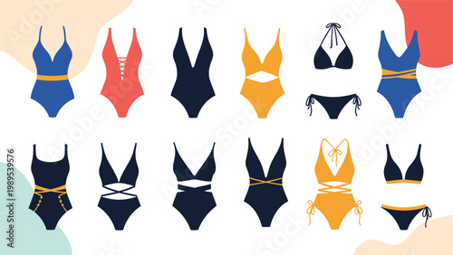 Collection of fashionable women's swimwear featuring diverse styles like one-piece and two-piece bikinis, perfect for summer holidays and beachwear.