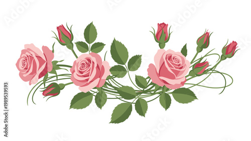 Beautiful arrangement of pink roses and unopened flower buds with green leaves flowing in a horizontal line for decorative borders.