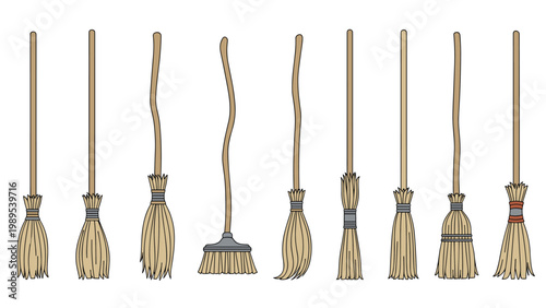 Various traditional wooden brooms with straw bristles and unique handle shapes displayed in a row against a plain white background for cleaning.