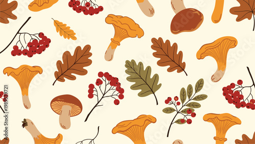 Seamless autumn forest floor pattern with golden chanterelles, brown porcini mushrooms, red rowan berries, and withered oak leaves on cream.