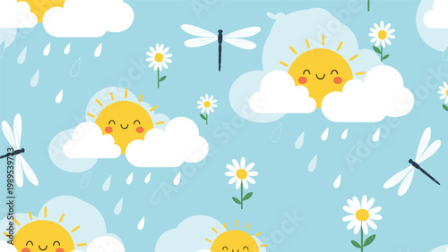 Whimsical weather pattern displays happy suns smiling clouds gentle raindrops dragonflies and white daisies on a blue sky.