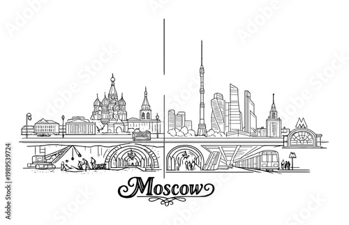 Moscow skyline sketch featuring cathedral domes modern towers and metro entrance for design poster background and urban transport concept