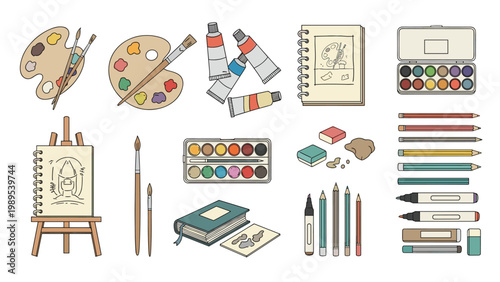 Artist tools and supplies collection includes palettes paint tubes brushes sketchbooks pencils and erasers in a flat lay style.