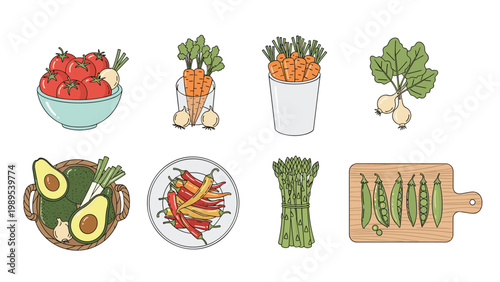 Assorted fresh vegetable illustrations feature tomatoes carrots radishes avocados chili peppers asparagus and peas in pods.
