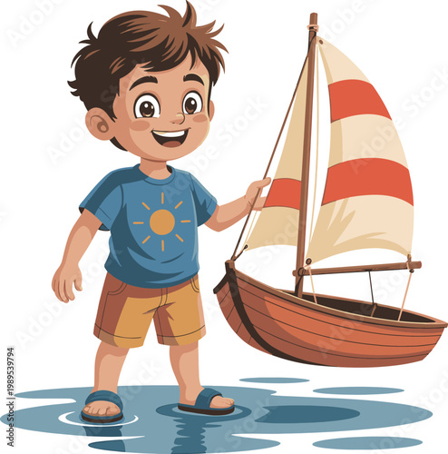 A smiling cartoon boy proudly displays his miniature sailboat on a watery surface.