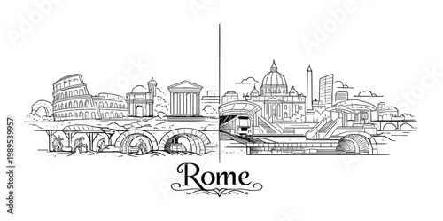 Rome city skyline and metro evolution split composition featuring colosseum vatican basilica and underground transit for travel poster background and banner design