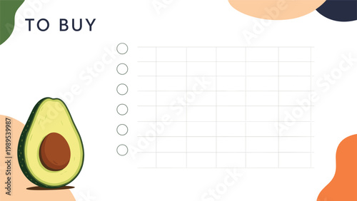 Practical "to buy" list template, featuring checkboxes and an illustration of a fresh avocado, complemented by abstract background shapes.