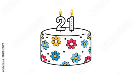 Cheerful birthday cake adorned with colorful floral patterns and two candles forming the number twenty-one, celebrating a special milestone.