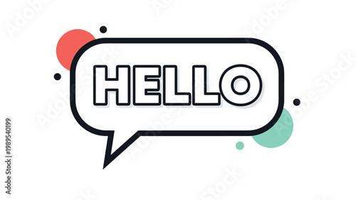 Prominent speech bubble displaying the friendly greeting "HELLO" in bold capital letters, accented by surrounding abstract colorful dots.