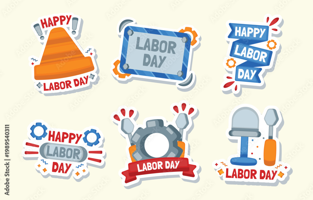 Obraz premium Colorful labor day stickers with construction and mechanic themed elements