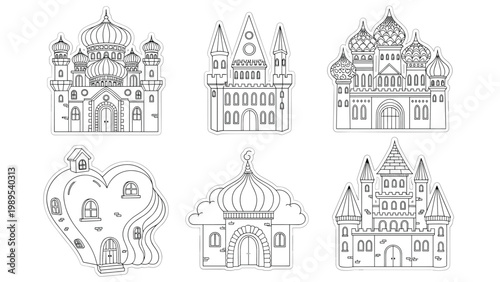 Collection of six intricate line art illustrations of fantasy buildings, including majestic castles and whimsical houses, with dashed outlines.