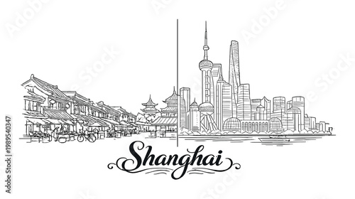 Shanghai city skyline sketch showing historic riverside shophouses and modern lujiazui skyscrapers for travel poster background design
