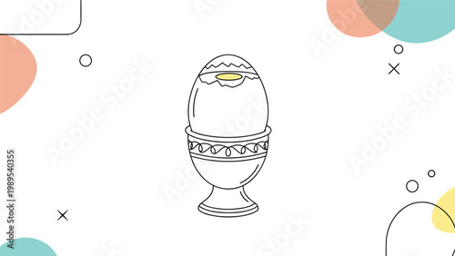 Simple line art illustration of a perfectly boiled egg served in a decorative egg cup, set against an abstract background.