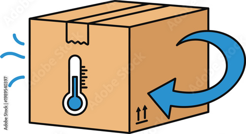 Temperature-Controlled Package: A symbolic illustration depicting a cardboard box, adorned with a thermometer and a curved arrow, signifying temperature regulation and return shipping