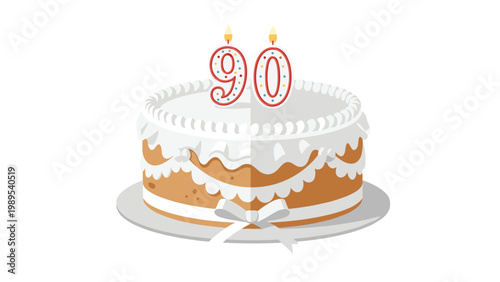 Elegant birthday cake beautifully decorated with white icing and a delicate ribbon, topped with candles forming the number ninety.