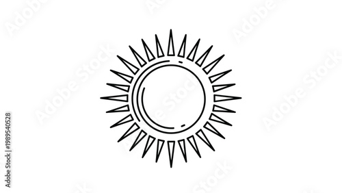 Simple line art illustration of a bright sun, depicted with sharp, pointy rays, symbolizing warmth, light, and energy.