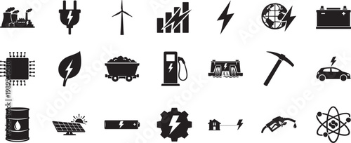 Energy icon set editable vector eps for renewable power, electricity, sustainability and eco technology concept