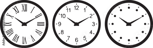 Three different clock faces showing various time styles Vector