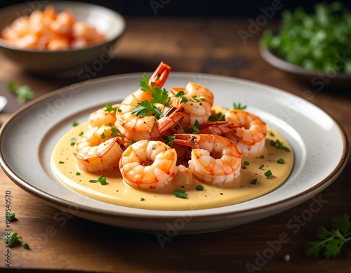 Gourmet Cooked Shrimp Appetizer Served On Creamy Yellow Sauce With Fresh Parsley Garnish On White Plate And Dark Wooden Table