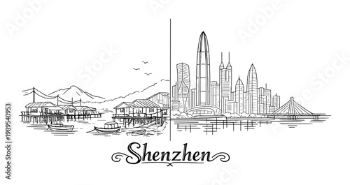Shenzhen city skyline and traditional fishing village contrast with boats and bridge for travel poster background and design