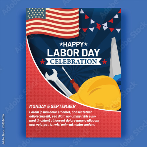 Fotografi Happy labor day celebration poster with american flag and tools