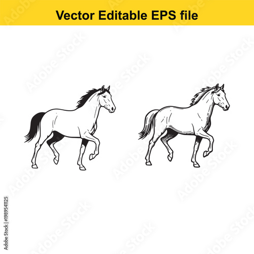 Vector art of two horses, one in black silhouette and the other a detailed line drawing, both in motion