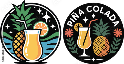 Piña colada cocktail with pineapple and flowers