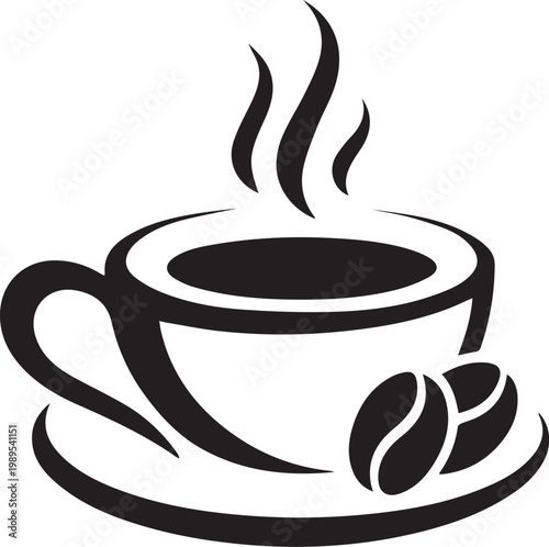 Steaming coffee cup with coffee beans on a saucer Vector