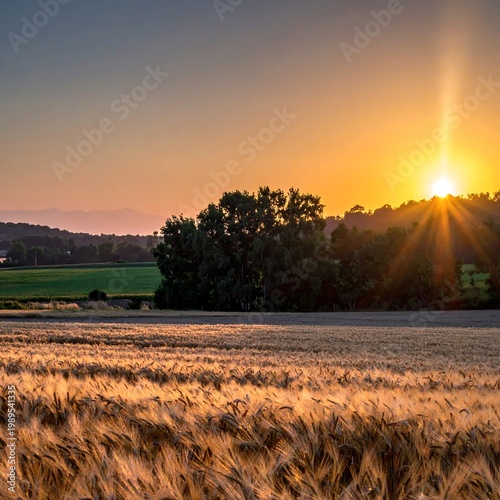Golden Wheat Field At Sunset With Sunburst Effect Over Rural Landscape And Distant Hills In Warm Evening Light