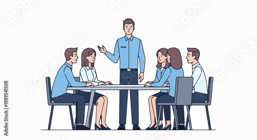 Flat illustration of a diverse group of business professionals engaged in a meeting around a table with a standing presenter in a modern office setting with a professional mood.