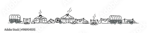 Wagon and tent camp with traditional yurts, campfires and laundry lines for rustic or historical design, poster, background