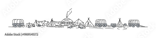Nomadic camp skyline sketch background with yurts wagons tents and smoke for poster, banner and web design
