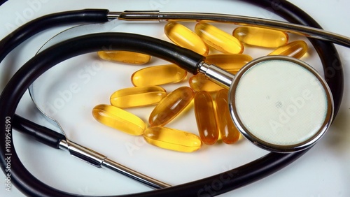 Stethoscope and omega-3 fish oil capsules for health