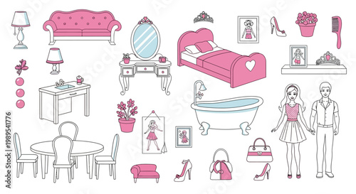 Bedroom furniture and household goods appear in a linear sketch format.