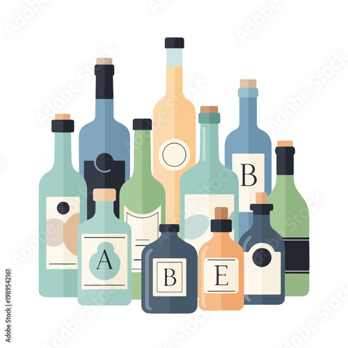 Collection of assorted liquor bottles with labels on white background