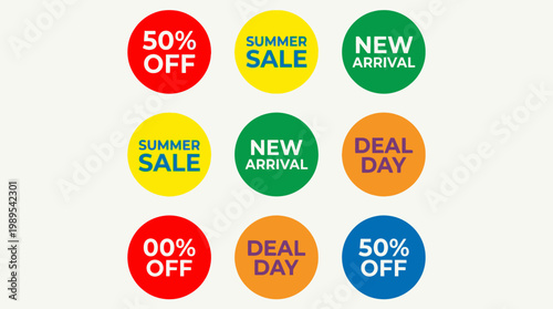 Collection of colorful discount sale labels.